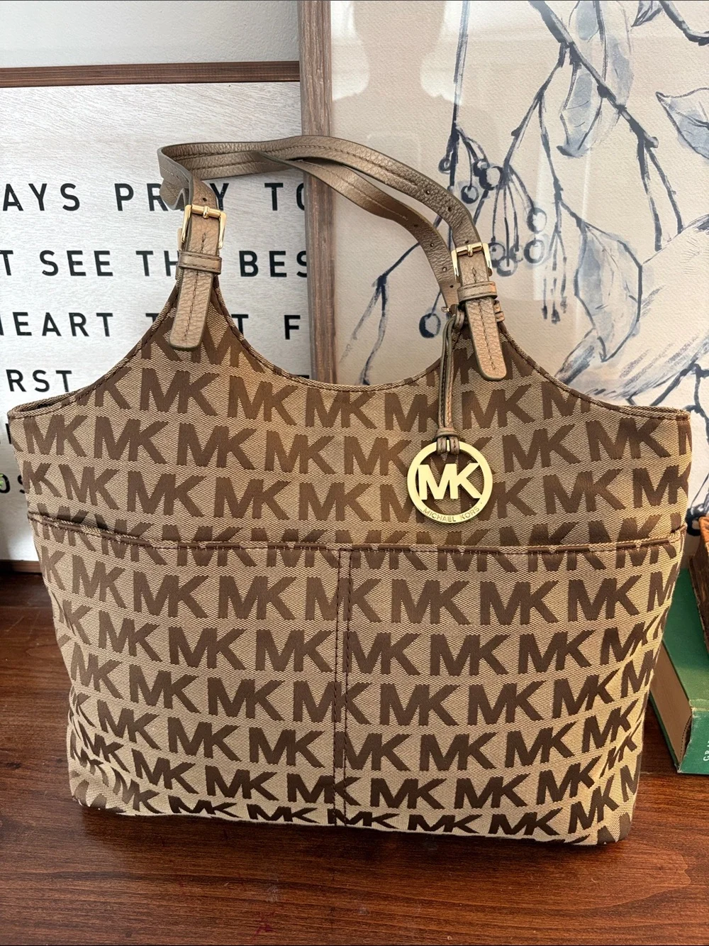 MICHAEL KORS Jacquard Monogram Jet Set MK Tote with Gold Charm Brown - Picture 2 of 14